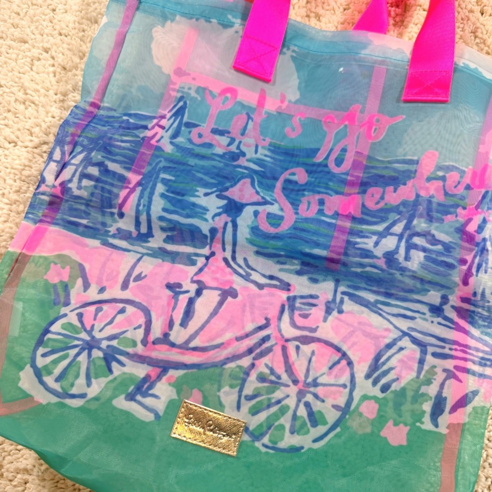 Lilly Pulitzer Mesh Beach Tote Bag Blue Pink Let's Go Somewhere Bicycle Preppy - Picture 4 of 8